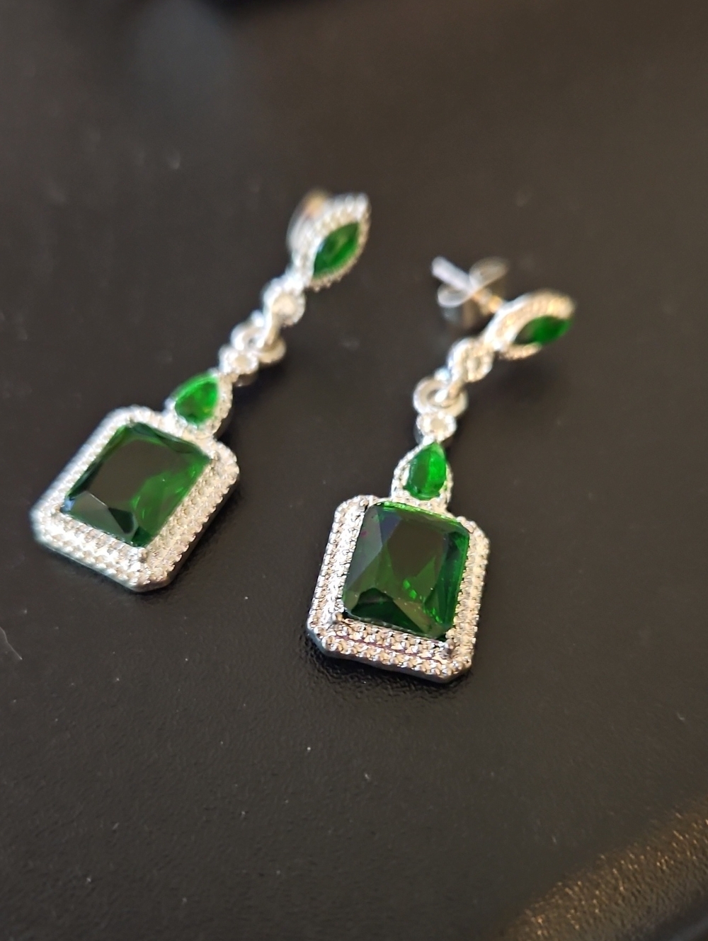 Emerald Green Crystal Drop Earrings - Silver Tone